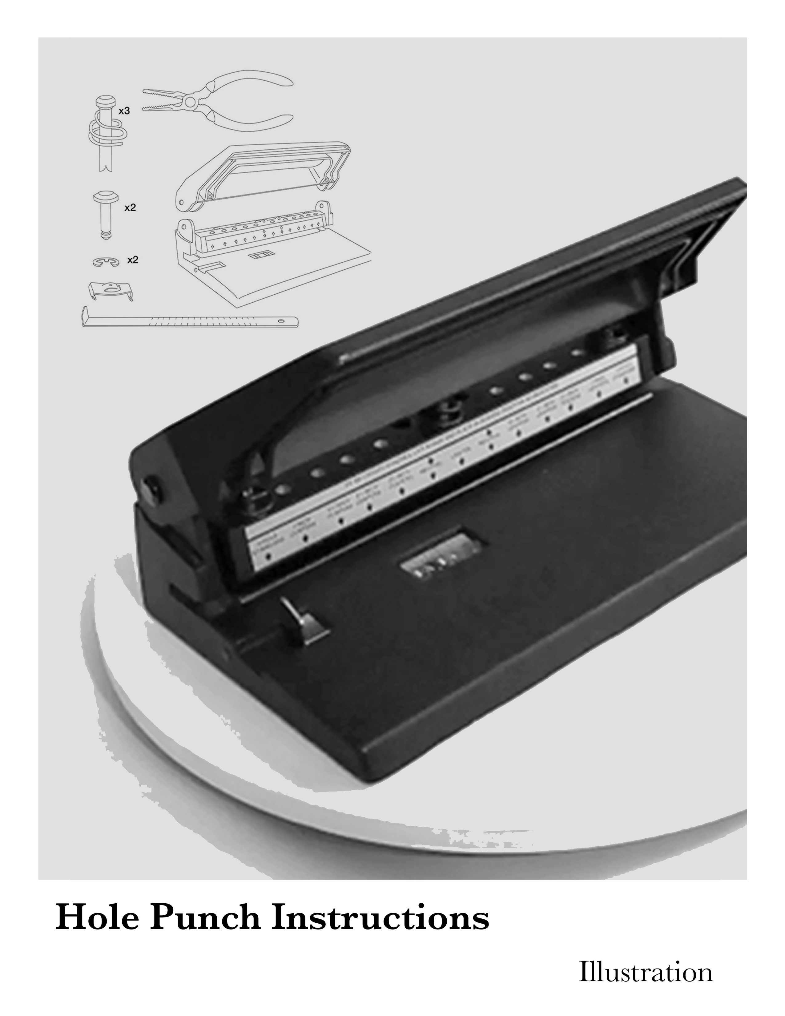 Illustrating the step-by-step instructions for a heavy duty hole punch. 