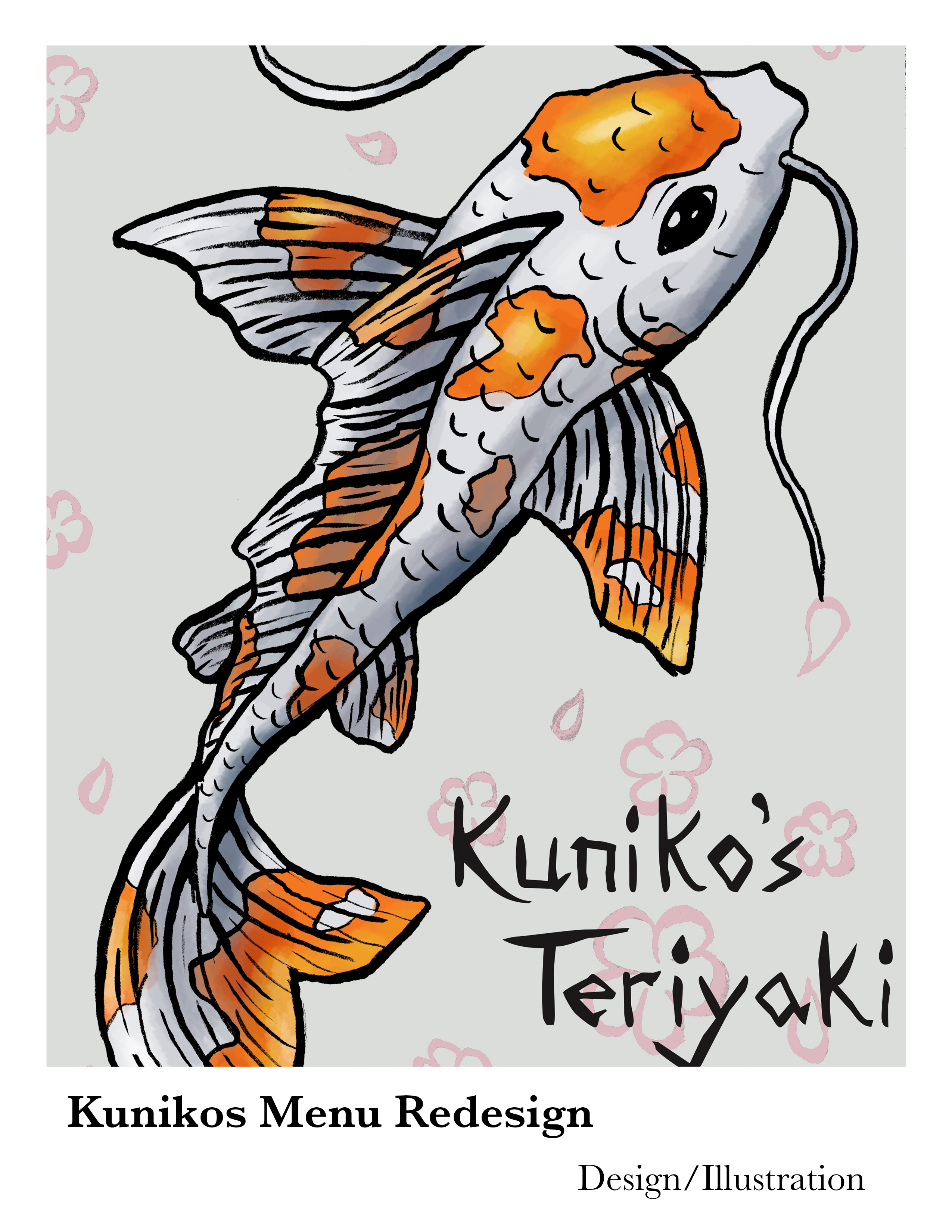 Redesigning the menu for local restaurant Kuniko's Teriyaki with unique illustrations. 